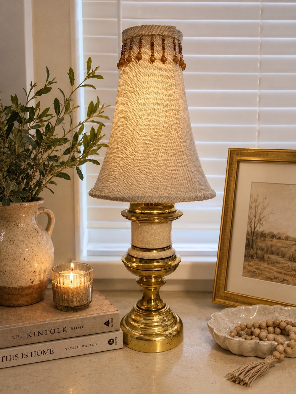 Vintage Heavy Brass & Cream Ceramic Table Lamp 6+ lb Hollywood Regency Style